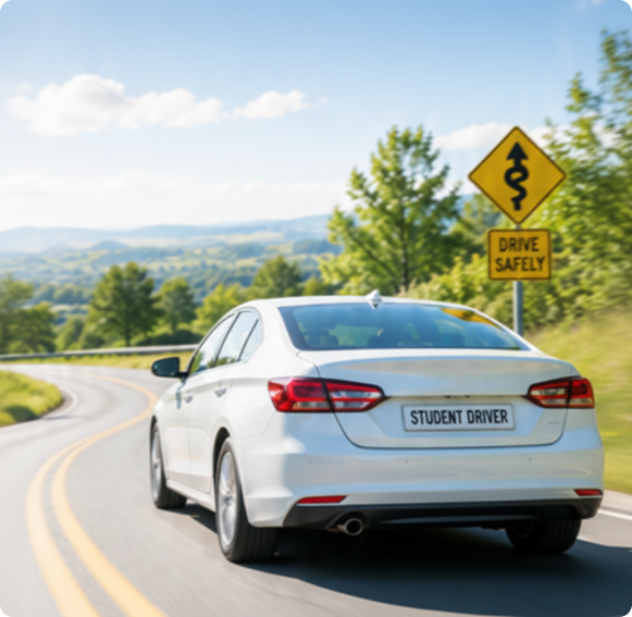 Student driver car on a curving road near a drive safely sign