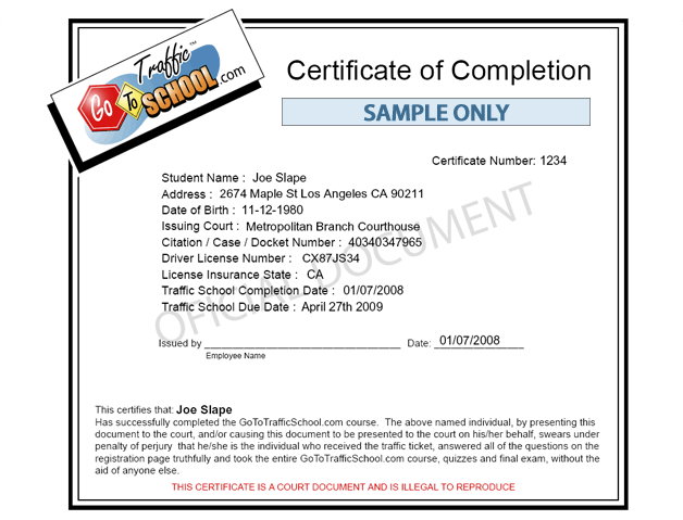 Traffic School Sample Certificate